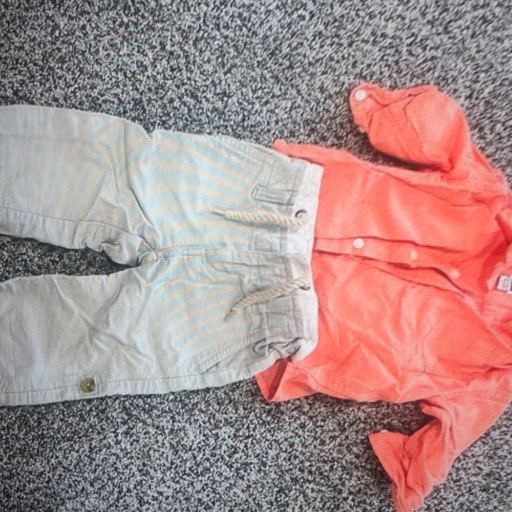 Orange button up shirt and beige pants set